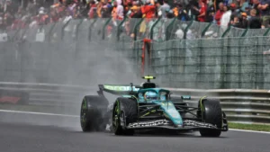 Fernando Alonso kicks up spray at last week's rain-affected Belgian GP