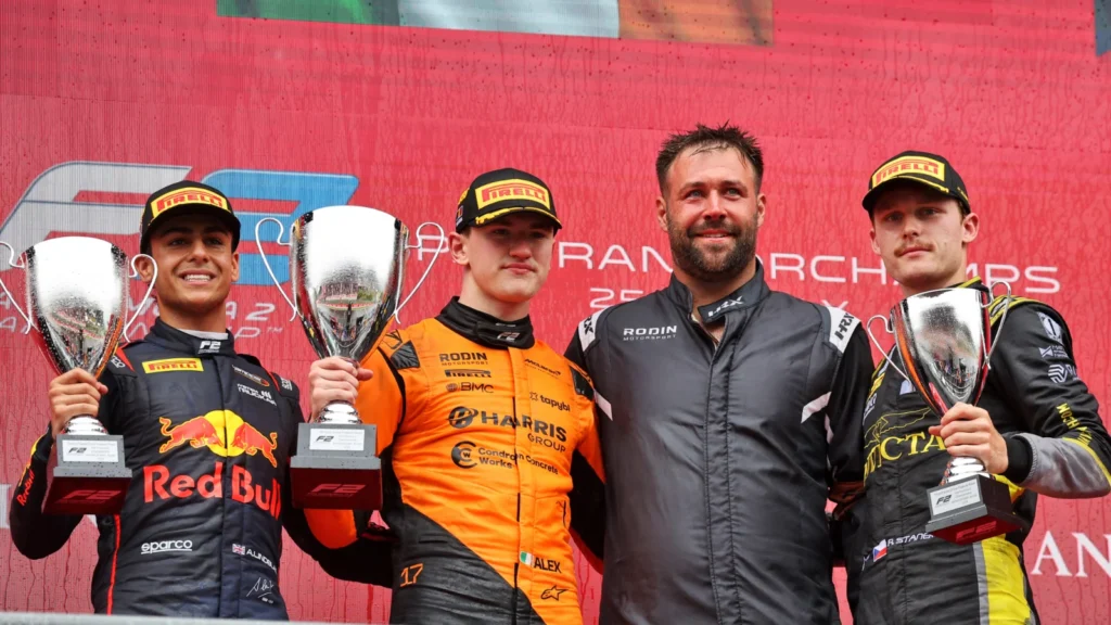 Alex Dunne has been battling in F2 with Red Bull junior Arvid Lindblad [left] this season