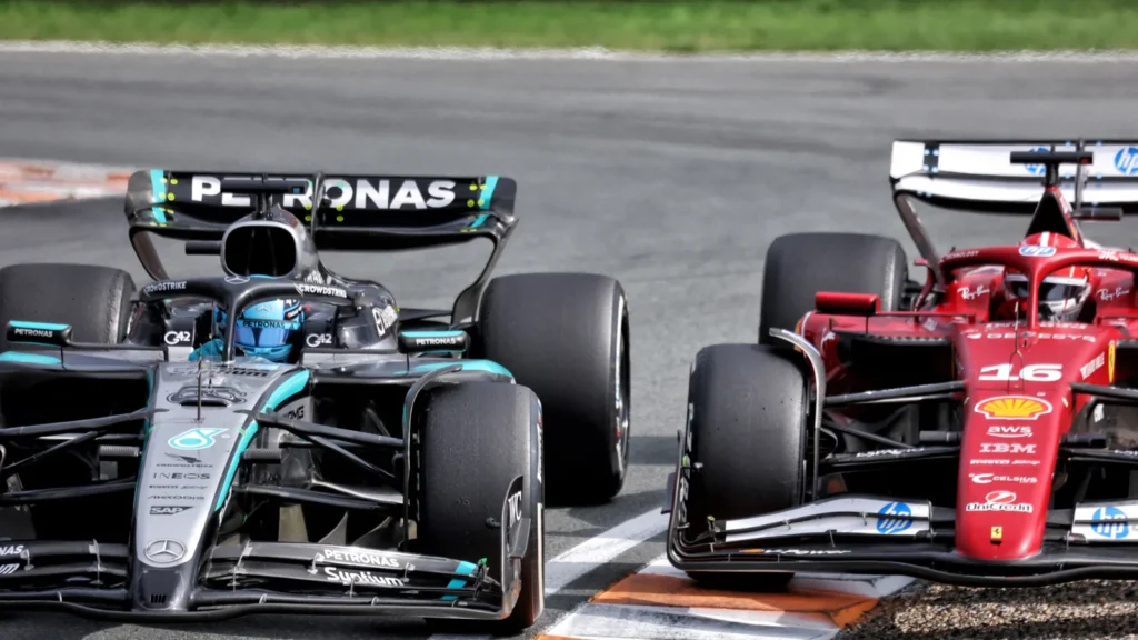 George Russell was unimpressed by the lack of penalty Charles Leclerc received for his fraught Dutch GP overtake