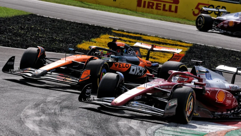 Charles Leclerc battled Oscar Piastri in the opening laps at Monza