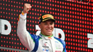 Isack Hadjar celebrates his maiden F1 podium and perhaps strengthening his chances of a Red Bull seat