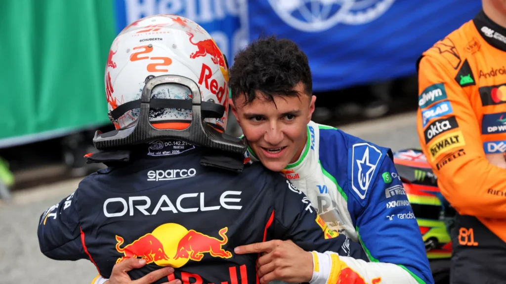 Isack Hadjar is contratulated by Yuki Tsunoda but will the Frenchman take his place at Red Bull?