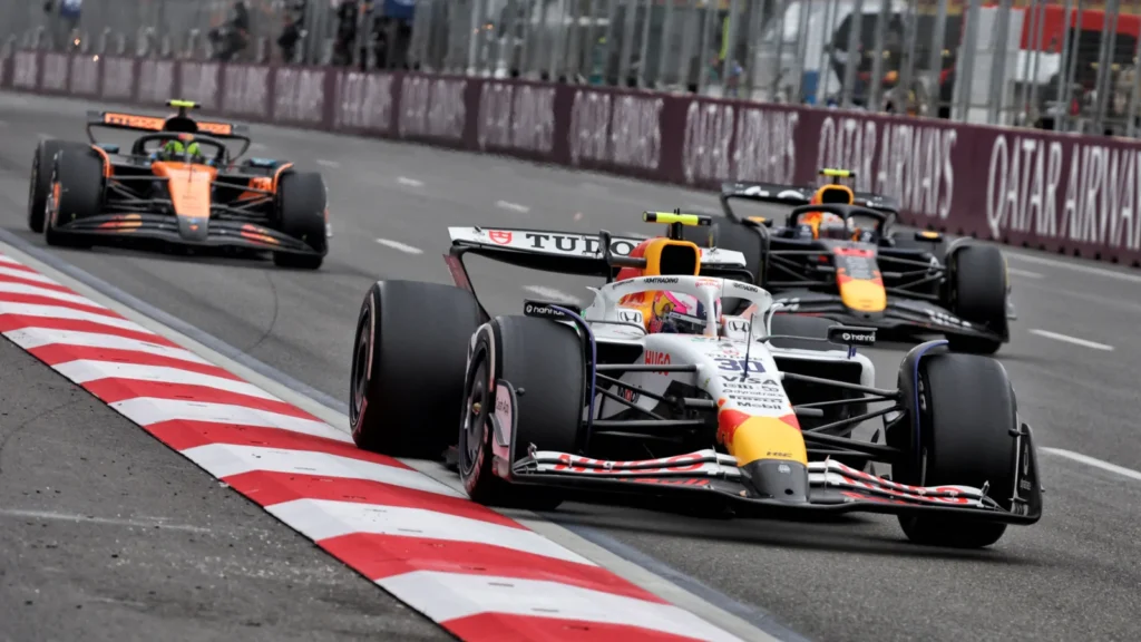 Lando Norris [back] struggled to match the pace of Yuki Tsunoda [middle] in the Azerbaijan GP