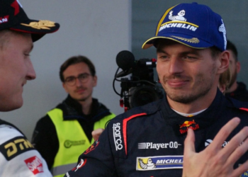 Max Verstappen takes the congratulations of his fellow competitors after his stunning Nurburgring GT3 success. Image: Shanna Lutgert