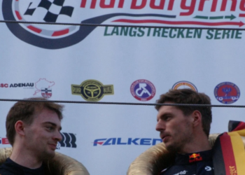 Max Verstappen and Chris Lulham took victory in the Ferrari 296 GT3 at the Nurburgring. Image: Shanna Lutgert