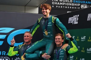 (L to R): Anthony McIntosh (USA), Eduardo Barrichello (BRA), and Valentin Hasse Clot (FRA) #10 Racing Spirit Of Leman, Aston Martin celebrate LMGT3 Hyperpole pole position in qualifying parc ferme. 27.09.2025. FIA World Endurance Championship, Round 7, Six Hours of Fuji, Fuji, Japan, Saturday.