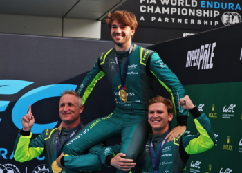 (L to R): Anthony McIntosh (USA), Eduardo Barrichello (BRA), and Valentin Hasse Clot (FRA) #10 Racing Spirit Of Leman, Aston Martin celebrate LMGT3 Hyperpole pole position in qualifying parc ferme. 27.09.2025. FIA World Endurance Championship, Round 7, Six Hours of Fuji, Fuji, Japan, Saturday.