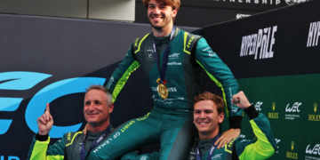 (L to R): Anthony McIntosh (USA), Eduardo Barrichello (BRA), and Valentin Hasse Clot (FRA) #10 Racing Spirit Of Leman, Aston Martin celebrate LMGT3 Hyperpole pole position in qualifying parc ferme. 27.09.2025. FIA World Endurance Championship, Round 7, Six Hours of Fuji, Fuji, Japan, Saturday.