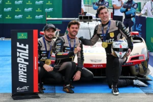 (L to R): Will Stevens (GBR), Norman Nato (FRA) and Alex Lynn (GBR) #12 Cadillac Hertz Team Jota, Cadillac V-Series.R celebrate Hypercar Hyperpole pole position in qualifying parc ferme. 27.09.2025. FIA World Endurance Championship, Round 7, Six Hours of Fuji.