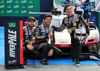 (L to R): Will Stevens (GBR), Norman Nato (FRA) and Alex Lynn (GBR) #12 Cadillac Hertz Team Jota, Cadillac V-Series.R celebrate Hypercar Hyperpole pole position in qualifying parc ferme. 27.09.2025. FIA World Endurance Championship, Round 7, Six Hours of Fuji.
