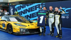 LMGT3 winners Rui Andrade (POR), Tom Van Rompuy (BEL), and Charlie Eastwood (IRE) #81 TF Sport Corvette Z06 LMGT3.R celebrate in parc ferme. 28.09.2025. FIA World Endurance Championship, Round 7, Six Hours of Fuji, Fuji, Japan, Sunday.