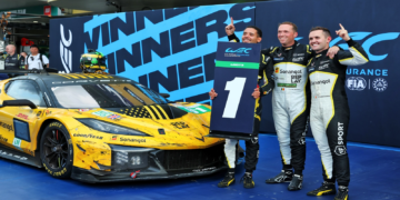 LMGT3 winners Rui Andrade (POR), Tom Van Rompuy (BEL), and Charlie Eastwood (IRE) #81 TF Sport Corvette Z06 LMGT3.R celebrate in parc ferme. 28.09.2025. FIA World Endurance Championship, Round 7, Six Hours of Fuji, Fuji, Japan, Sunday.