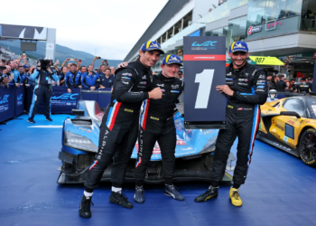 Race winners Paul-Loup Chatin (FRA) / Ferdinand Habsburg (AUT) / Charles Milesi (FRA) #35 Alpine Endurance Team Alpine A424 celebrate in parc ferme. 28.09.2025. FIA World Endurance Championship, Round 7, Six Hours of Fuji, Fuji, Japan, Sunday.