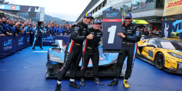Race winners Paul-Loup Chatin (FRA) / Ferdinand Habsburg (AUT) / Charles Milesi (FRA) #35 Alpine Endurance Team Alpine A424 celebrate in parc ferme. 28.09.2025. FIA World Endurance Championship, Round 7, Six Hours of Fuji, Fuji, Japan, Sunday.