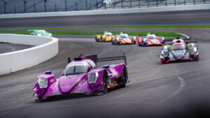 The #99 'Spike' LMP2 entry leads a group of cars at Indianapolis Motor Speedway. Photo: Kevin Dejewski