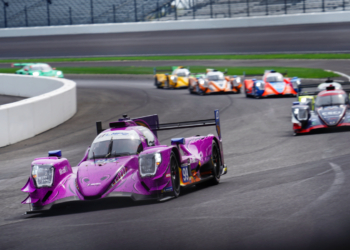 The #99 'Spike' LMP2 entry leads a group of cars at Indianapolis Motor Speedway. Photo: Kevin Dejewski