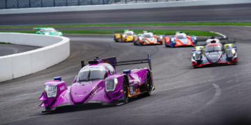 The #99 'Spike' LMP2 entry leads a group of cars at Indianapolis Motor Speedway. Photo: Kevin Dejewski