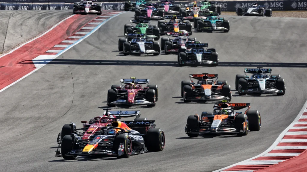 Max Verstappen got away cleanly at the start of the F1 US GP, with Charles Leclerc taking Lando Norris