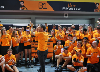 McLaren boss Andrea Stella celebrates the team's retention of the F1 Constructors' title