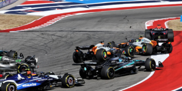 The McLarens were both out at Turn 1 of the US GP Sprint after contact from Nico Hulkenberg