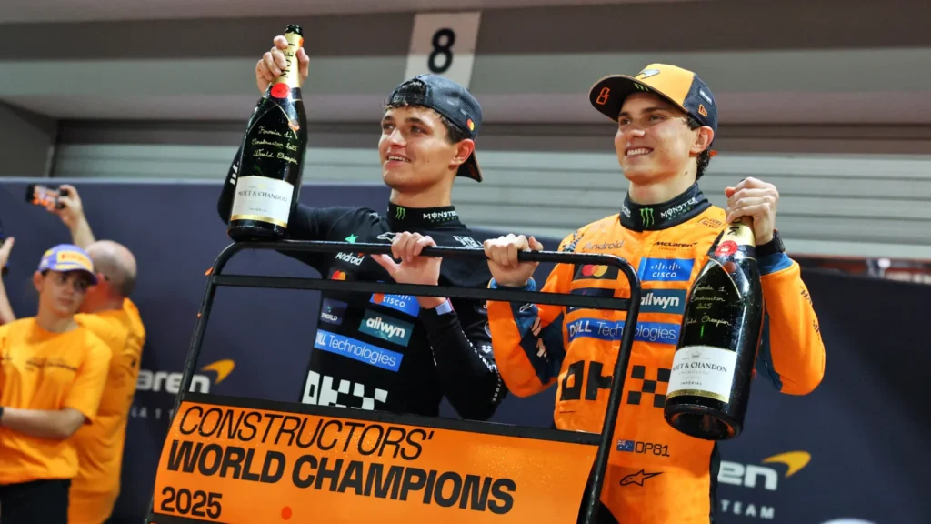 Oscar Piastri celebrated the McLaren Constructors' Championship triumph after their contentious battle in the Singapore GP