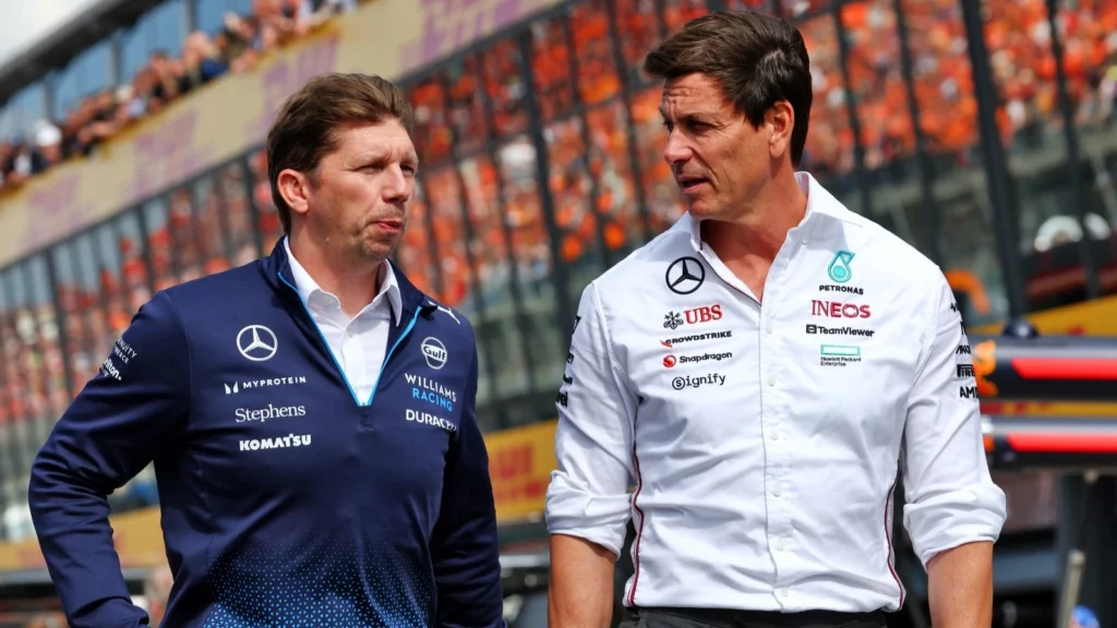 Williams team principal James Vowles in conversation with Mercedes team principal Toto Wolff as both teams prepare for F1’s 2026 regulation shift