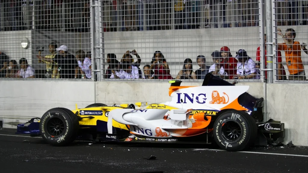 Nelson Piquet Jr’s Renault crashes into the wall during the 2008 Singapore Grand Prix; the incident at the centre of “Crashgate.”