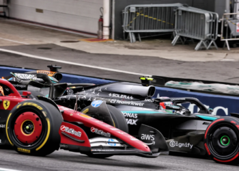 Kimi Antonelli was sandwiched on the restart in Brazil