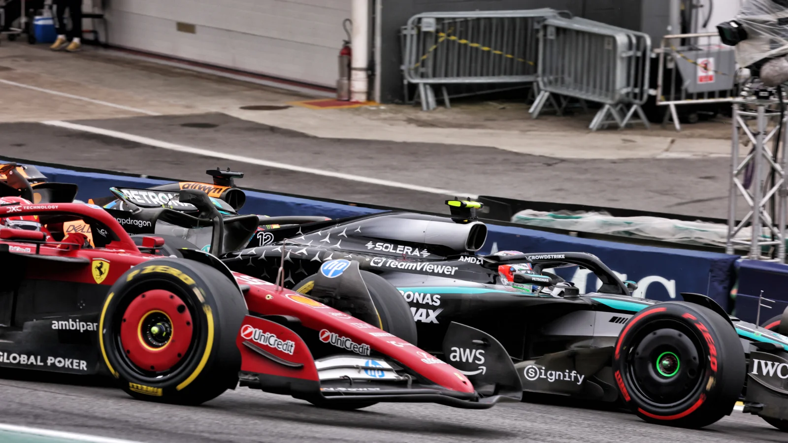 Kimi Antonelli was sandwiched on the restart in Brazil