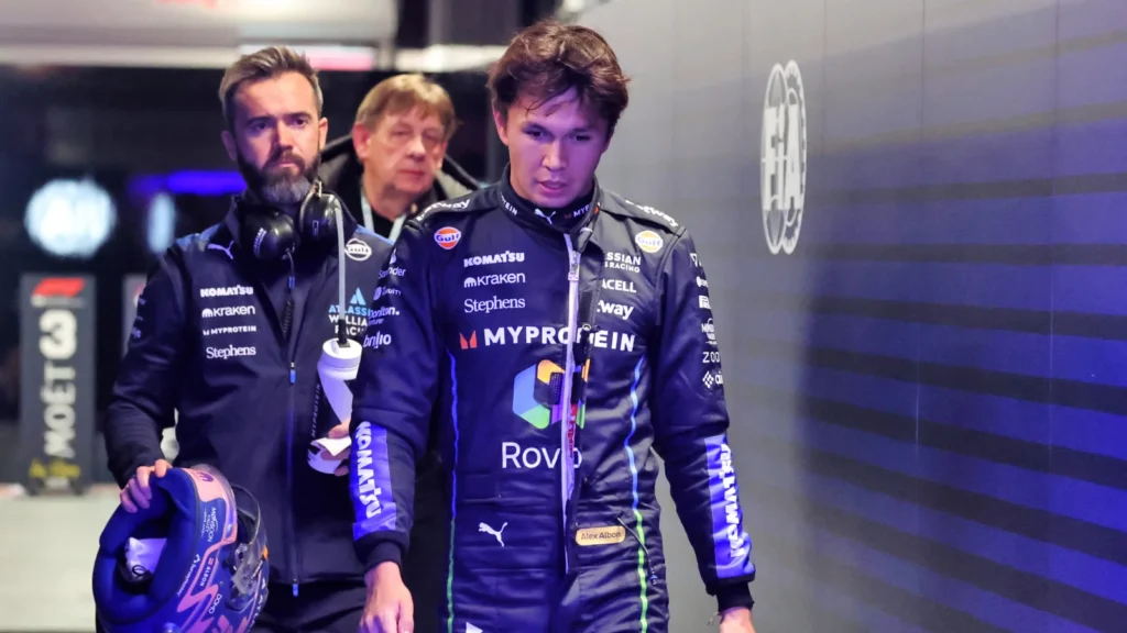 Alex Albon was an early victim of the wet conditions, clouting the wall in Q1