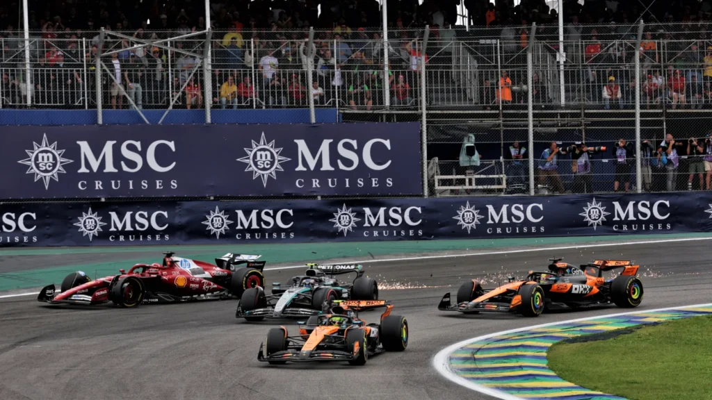 Oscar Piastri punted the side of Kimi Antonelli's Mercedes, which in turn knocked into Charles Leclerc's right-front, taking him out of the F1 Brazil GP