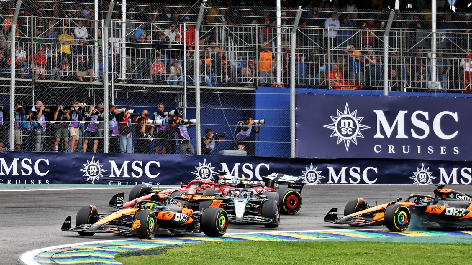 Oscar Piastri and Kimi Antonelli were involved in a first corner clash which took out Charles Leclerc