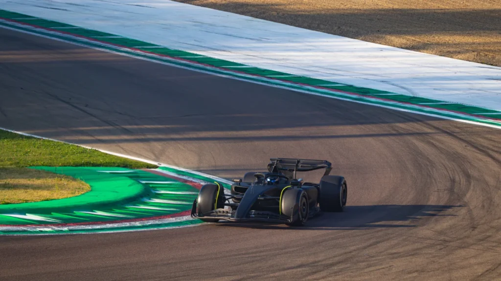 Sergio Perez has begun the first F1 test for Cadillac in a loaned Ferrari SF-23. Image: Filippo Perotti/@FP_Images_