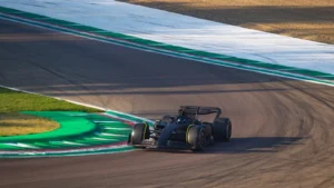 Sergio Perez has begun the first F1 test for Cadillac in a loaned Ferrari SF-23. Image: Filippo Perotti/@FP_Images_