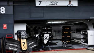 The fictional APXGP team garage during filming of F1: The Movie