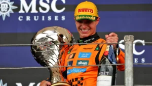 Race winner Lando Norris (GBR) McLaren celebrates on the podium. 09.11.2025. Formula 1 World Championship, Rd 21, Brazilian Grand Prix, Sao Paulo, Brazil, Race Day.