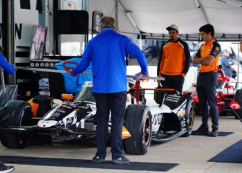 Cars undergoing a portion of required technical inspection ahead of track running. Photo: Kevin Dejewski