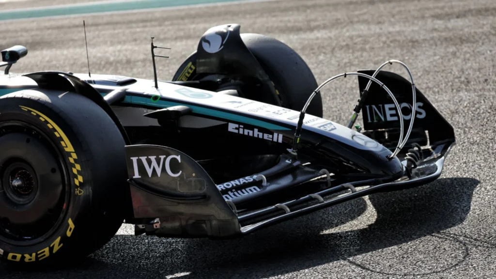Tubes connected to the Mercedes F1 car front wing at Abu Dhabi's post-season test.