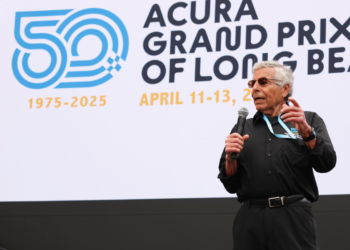 Michaelian speaking at last year's Grand Prix of Long Beach. Photo: IndyCar - Travis Hinkle