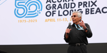 Michaelian speaking at last year's Grand Prix of Long Beach. Photo: IndyCar - Travis Hinkle