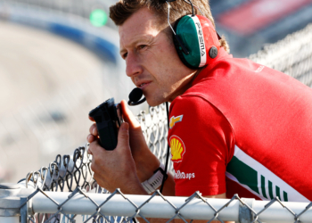Briscoe sits in the spotter's stand wearing PREMA team kit last season. Photo: IndyCar - Chris Jones