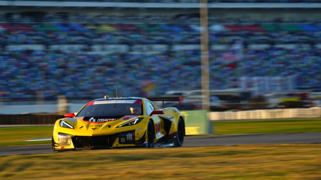 The #4 Pratt Miller Corvette navigates the Daytona Speedway. Image: Kevin Dejewski
