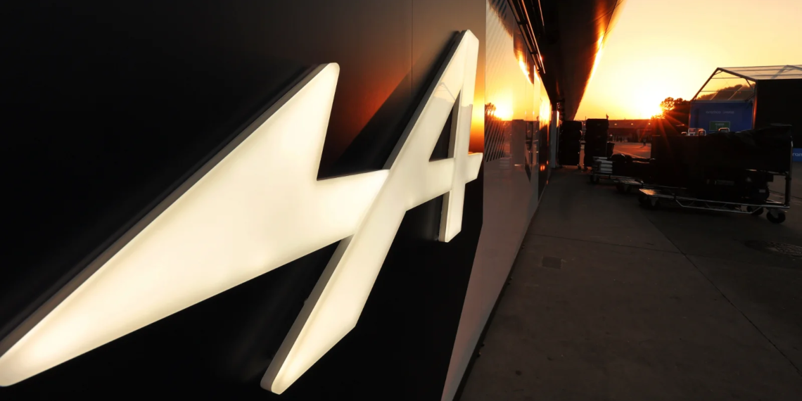 Alpine F1 Team logo at sunset. 21.03.2025. Formula 1 World Championship, Rd 2, Chinese Grand Prix, Shanghai, China, Sprint Qualifying Day.