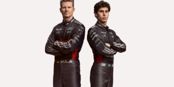 Nico Hulkenberg and Gabriel Bortoleto show off the new Audi F1 colours