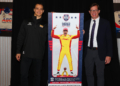 Alex Palou stands with Doug Boles next to this year's ticket design. Photo: IndyCar - Chris Owens