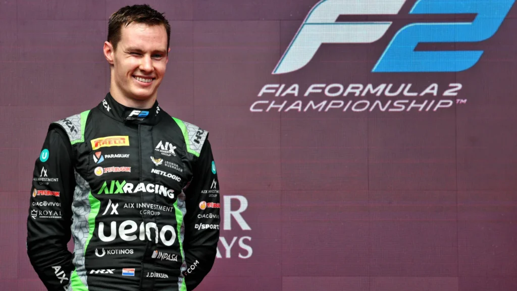 Joshua Durksen (PAR) AIX Racing celebrates his second position on the podium. 21.09.2025. FIA Formula 2 Championship, Rd 12, Feature Race, Baku, Azerbaijan, Sunday.