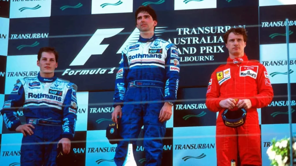 Damon Hill won the first Australian GP at Melbourne, with Jacques Villeneuve second on his F1 debut, with Eddie Irvine third in his first drive for Ferrari