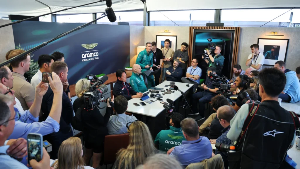 Aston Martin boss Adrian Newey faced the media with Honda Racing President Koji Watanabe
