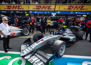 Mario Andretti looks on as the Cadillac-backed Colton Herta Formula 2 machine is ready to go
