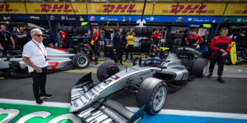 Mario Andretti looks on as the Cadillac-backed Colton Herta Formula 2 machine is ready to go
